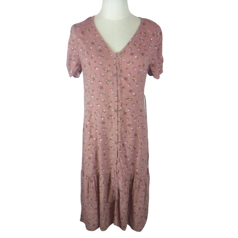 Wild Fable Floral Midi Dress XS Pink Button Front V-Neck Short Sleeve